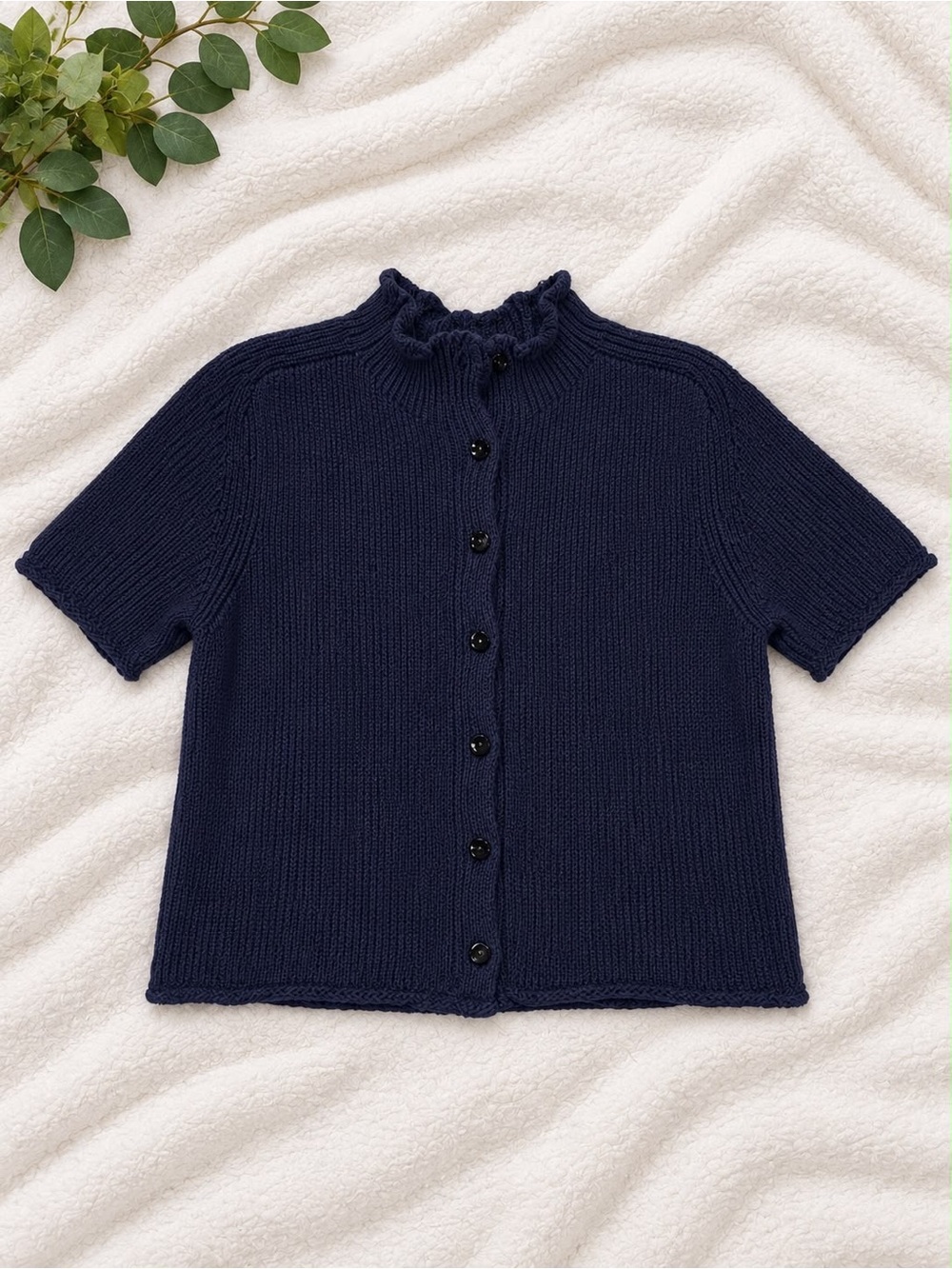 Zara Navy Short-Sleeve Knit Cardigan with Ruffle Neck